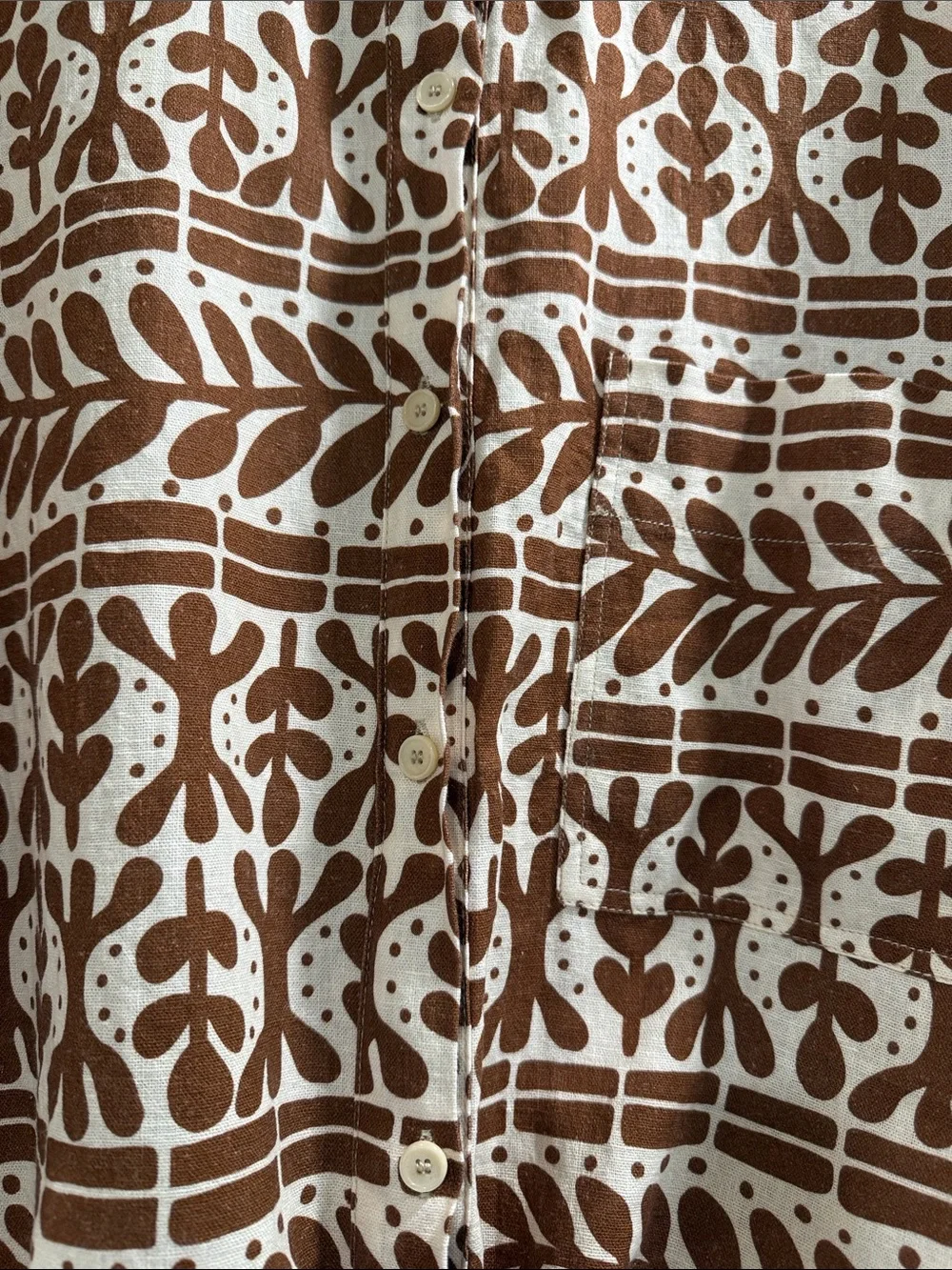 ZARA Aztec Sz L Brown Printed Linen Blend Short-Sleeve Button-Down Tie Waist Top